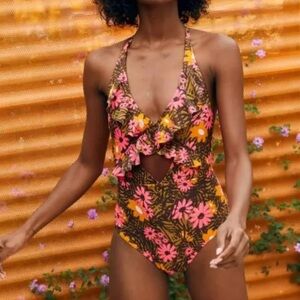 Aerie Floral Ruffle Halter One-Piece Swimsuit  Retro Beach Boho medium long